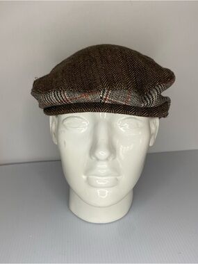 Brown Herringbone Tweed Flat Cap Plaid Trim Newsboy Hat
